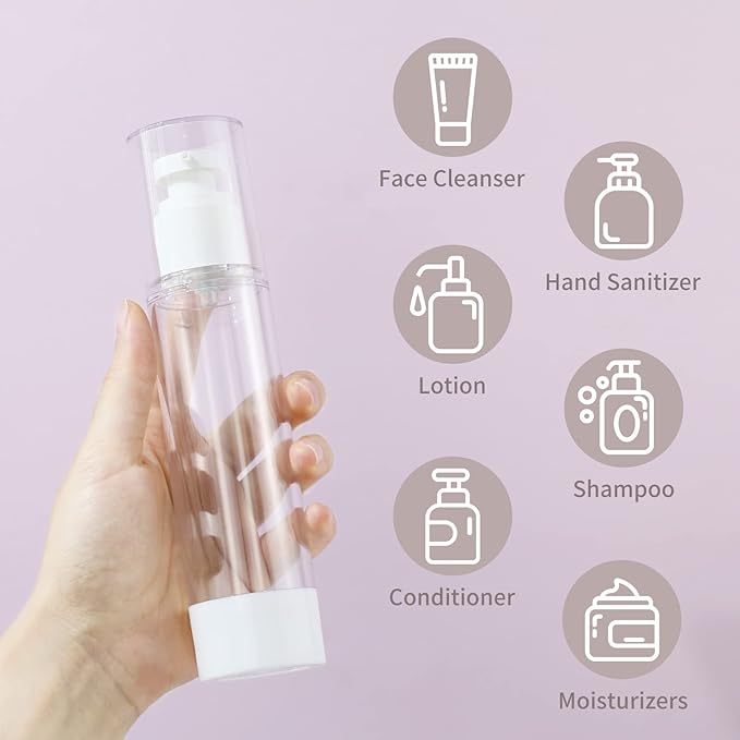 LONGWAY 3.4 Oz 100ml Clear Airless Cosmetic Cream Pump Bottle Travel Size Dispenser Refillable Containers/Foundation Travel Pump Bottle for Shampoo (Pack of 6)