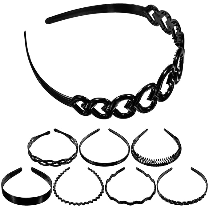 Non-Slip Plastic Hairbands Set 8 Pieces with Wavy Teeth and Smooth Medium-Large Sizes for Women and Unisex Use, Black Hair Hoop Accessories for Sports and Facial Care