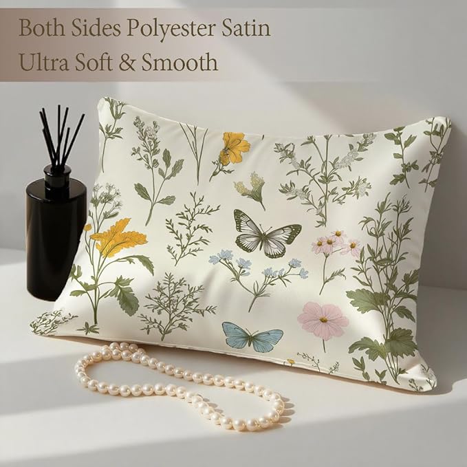 1 Pack Satin Pillowcase for Hair and Skin Vintage Wildflowers and Herbs Imitation Silk Pillowcase with Hidden Zipper Soft Breathable Pillow Cover Standard Size for Bedroom Sofa 20”x26”