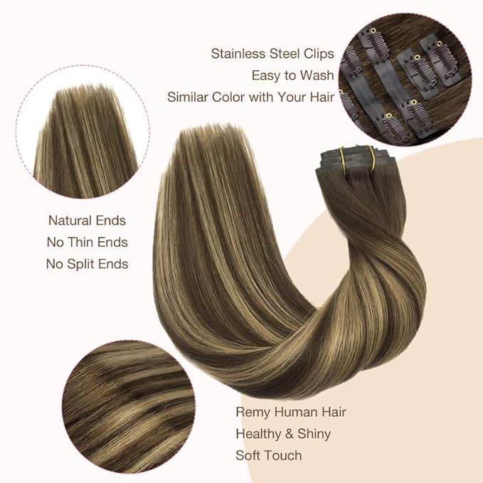 GOO GOO Clip in Hair Extensions Real Human Hair, Remy Human Hair Extensions Clip ins for Women, Natural Human Hair, 20inch 110g 7Pcs, 4/27/4 Balayage Chocolate Brown to Caramel Blonde