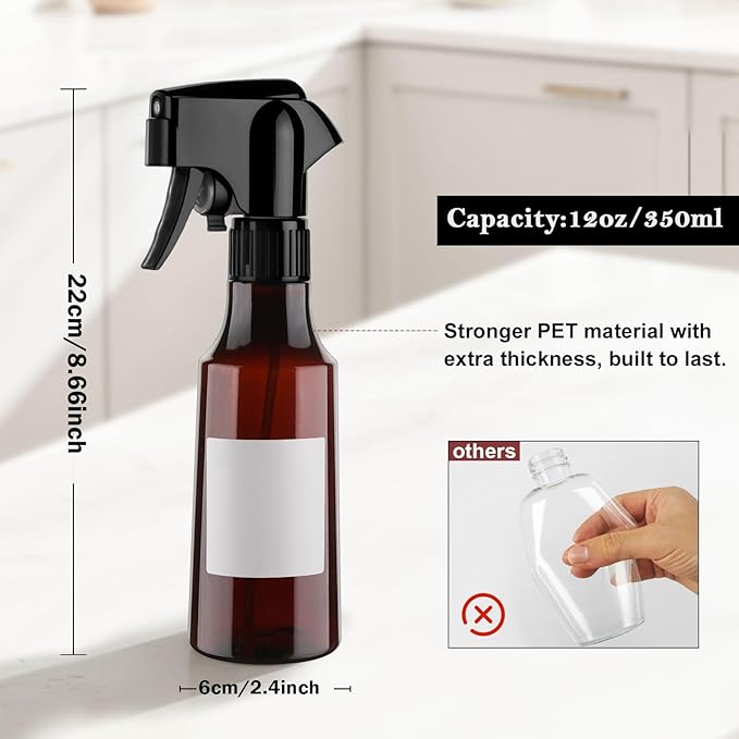 Plastic Spray Bottles 12oz Continuous Spray Bottle Mist Spraying Heavy Duty Empty Water Spray Bottles for Hair, Cleaning Solutions, Plants，Essential Oils 2 Pack (Brown-2pcs)