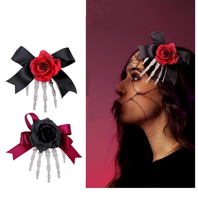 SEVEN LUCKY LIGHT Halloween Hair Clips Skeleton Hands with Red Flower Black Satin Ribbon Great Halloween Hair Accessories