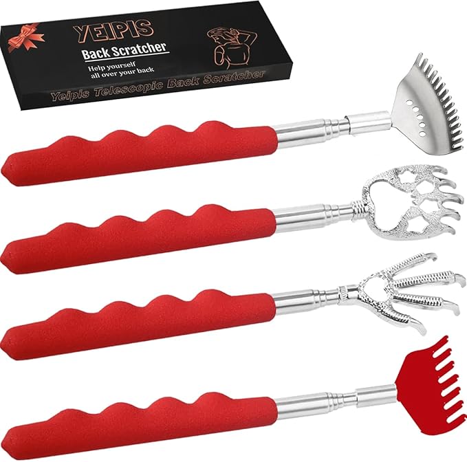 4 Pcs Different Back Scratcher Extendable Back Massager Tool with 吃, Metal Portable Telescoping Back Scratcher with Beautiful Box, Gifts for Men Women Stocking Stuffers (Red)