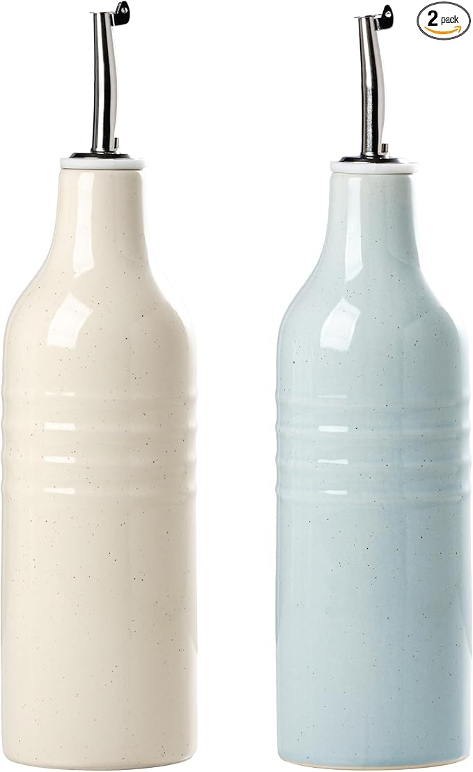 famiware Jupiter 16oz Ceramic Olive Oil Dispenser Bottle, Olive Oil and Vinegar Dispenser Bottle Set of 2 with Stainless Steel Pourers, Suitable for Storage Vinegar, Light Blue & Vanilla White
