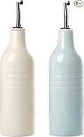 famiware Jupiter 16oz Ceramic Olive Oil Dispenser Bottle, Olive Oil and Vinegar Dispenser Bottle Set of 2 with Stainless Steel Pourers, Suitable for Storage Vinegar, Light Blue & Vanilla White