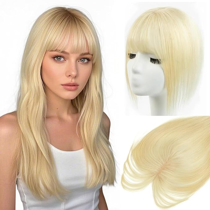 Human Hair Topper with Bangs for Women 14'' Bleach Blonde 100% Remy Human Hair Invisible Hair Piece for Thinning Hair
