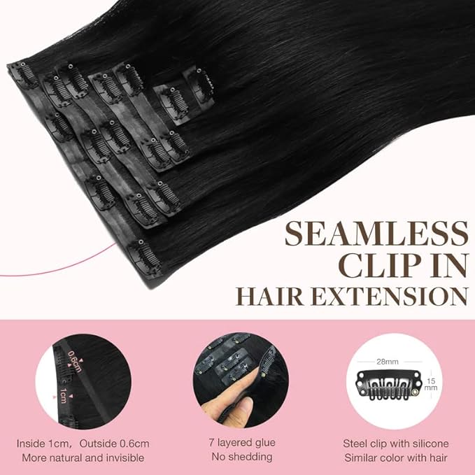 GOO GOO Clip in Hair Extensions Real Human Hair, Remy Human Hair Extensions Clip ins for Women, Natural Human Hair, 14inch 110g 7Pcs, 1 Jet black