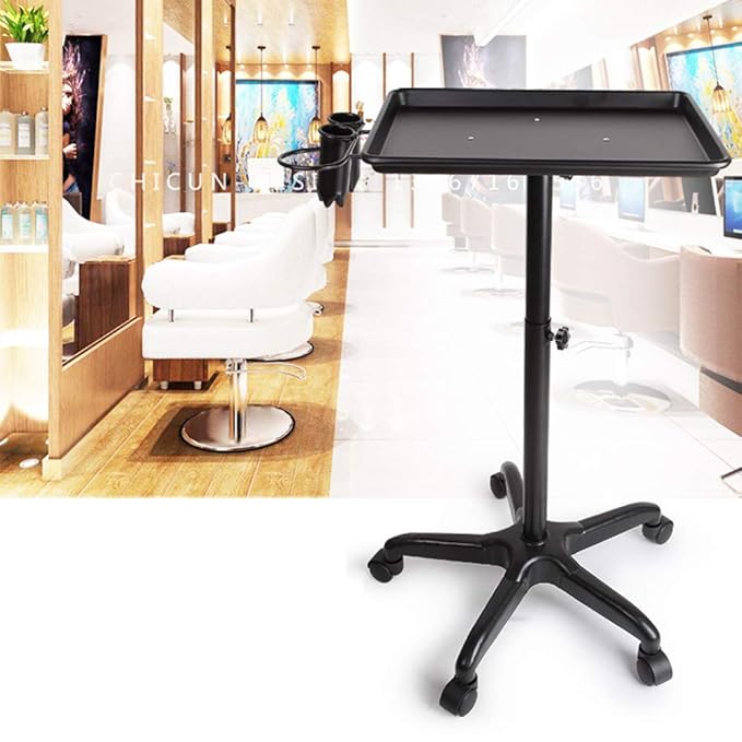 Aluminium Salon Instrument Tray, Height Adjustable Trolley Cart Tray Station on Wheels for Salon Tattoo Spa Beauty Service Holder Tool Storage (Black, With Accessory Caddy)