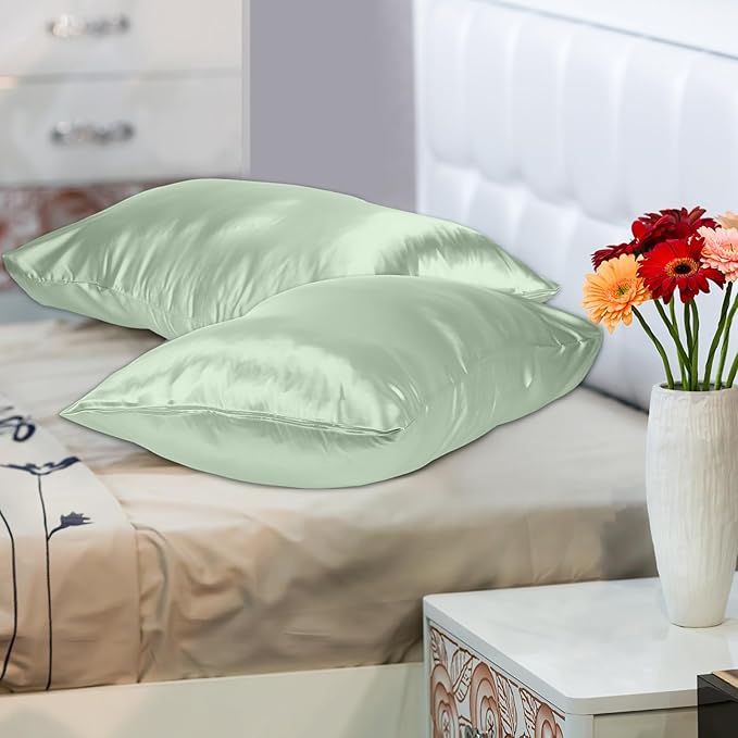 2 Pack Satin Pillowcase with Hidden Zipper, Adjustable Satin Eye Mask for Sleeping and Satin Volume Scrunchie for Hair and Skin, Standard Size (Green,Vintage Style)