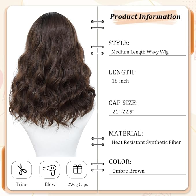 Ombre Brown Wig for Women, 18 Inch Middle Part Wavy Curly Wigs Synthetic Heat Resistant Soft deep wave Wig for Women Daily Use (Ombre Brown, 18 Inch)