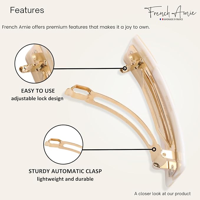 French Amie Fine 1" Wide Rectangular Celluloid Handmade Ivory Automatic Hair Barrettes for Women French Hair Clips