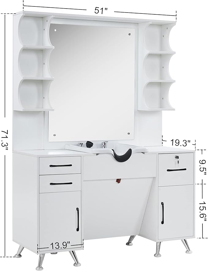 BarberPub Backwash Shampoo Bowl Cabinet, Wall Mount Station with Mirror, Storage Cabinet with Drawers & Shelf Salon Equipment for Barber Salon 3141 (White)