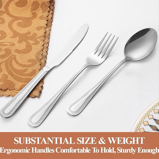 40 Pcs Silverware Set for 8 with Pearled Edge Handle design, Food Grade Stainless Steel Flatware Set, Eating Utensils Sets Include Fork/Knife/Spoon, Reusable Cutlery Set, Dishwasher Safe