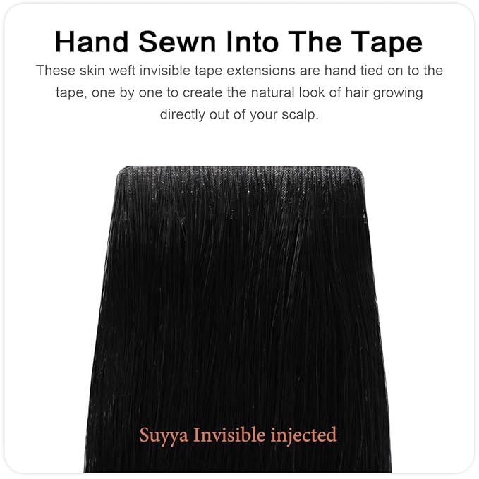 SUYYA Invisible Tape in Hair Extensions Human Hair Jet Black Seamless Injected Hand-Tied Pro Quality Virgin Human Hair 20PCS 40G/Pack Straight Tape Ins(16 inch #1 Jet Black)