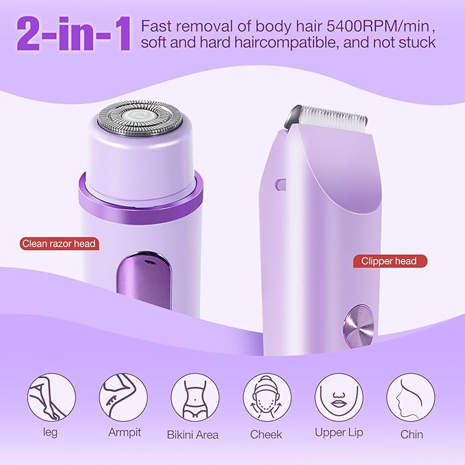 Bikini Trimmer for Women Electric Razors for Women Women's Electric Razor 2 in 1 Shaver Pubic Hair Trimmer Ipx7 Waterproof Wet Dry Use Bikini Shaver for Ladies Pubic, Legs, Face, Underarms (Purple)