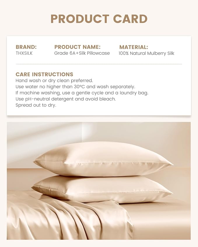 THXSILK Set of 2 100% Mulberry Silk Pillowcases for Hair and Skin Health, 19 Momme Soft and Smooth Pillowcases with Hidden Zipper, Both Sides Premium Grade 6A+ Silk (Standard 20"x26", Beige)