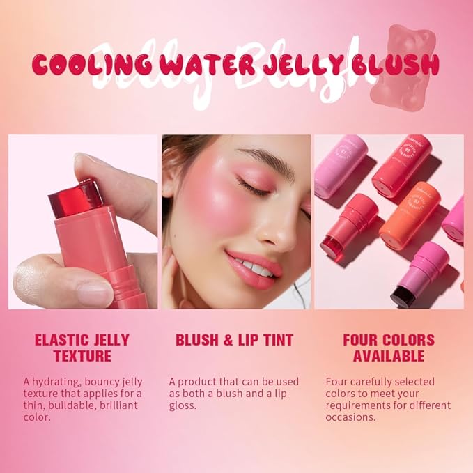 Multi-Use Cooling Water Jelly Blush/Lip Tint & Eye Shadow - Sheer Stain withBuildable Watercolor Finish - Long-Lasting Moisture - 1,000+ Swipes Per Stick - Jelly Texture for Lip & Cheek (Coral)