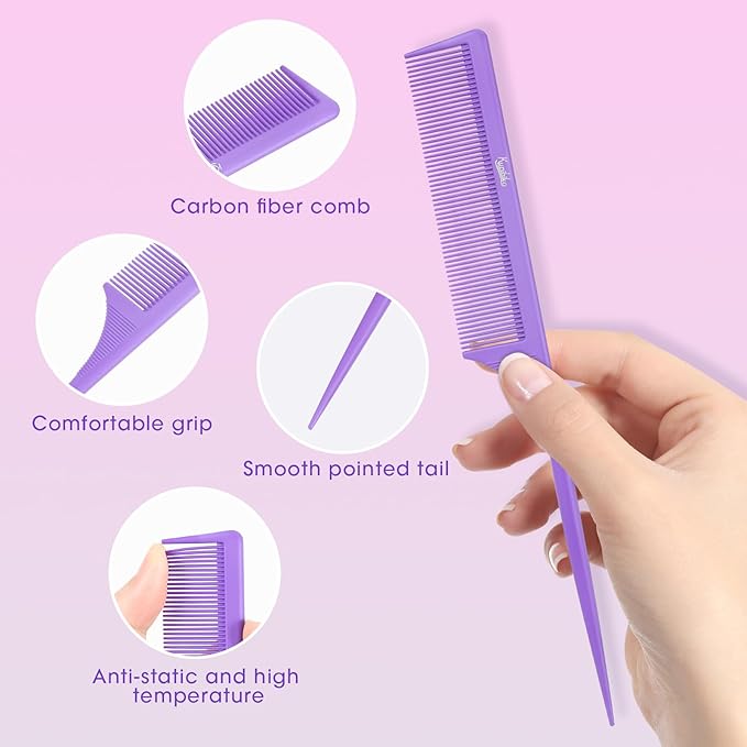 Rat Tail Comb2-in-1 Fine Tooth Parting Comb & Root Teasing Comb for Women - Carbon Fiber, Anti-Static, Purple & Black