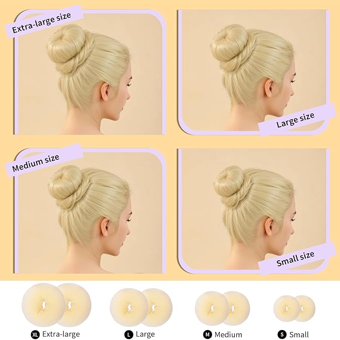 FANDAMEI Hair Bun Maker Set- 8 PCS Hair Donuts for Buns (2 Extra-large,2 Large,2 Medium and 2 Small), 40 PCS Bobby Pins, 5 PCS Hair Elastic Ties Black,Bun Maker - Gold