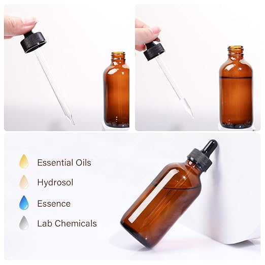 12 Pack 4oz Amber Glass Bottles with Glass Eye Droppers for Essential Oils, Perfumes & Lab Chemicals (1 Brush, 2 Funnels, 2 Extra Droppers, 24 Pieces Labels & 30ml Measuring Cup Included)