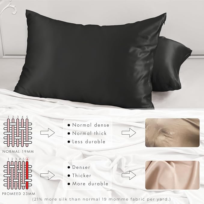 PROMEED Upgraded Grade 6A+ Black Silk Pillowcase with Zipper, 23 Momme Natural Mulberry Silk Pillow Cases for Hair and Skin - Easy Care with Free Laundry Bag (King 20"x36", Black)