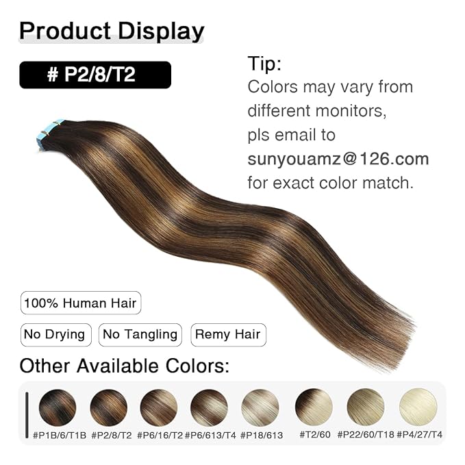 SUYYA Tape in Hair Extensions Human Hair Balayage Darkest Brown to Light Brown 14 Inch 40g/pack 20pcs Straight Seamless Skin Weft Tape in Real Human Hair Extensions(14inch #P2/8/T2)