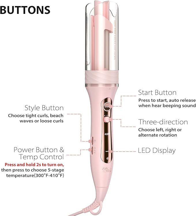 Zavarea Automatic Rotating Curling Iron for Long Hair - 1 Inch Curling Wand for Beach Waves & Loose Curls, Easy Hair Curler for Beginners, Anti-Scald & Frizz-Free, Dual Voltage for Travel