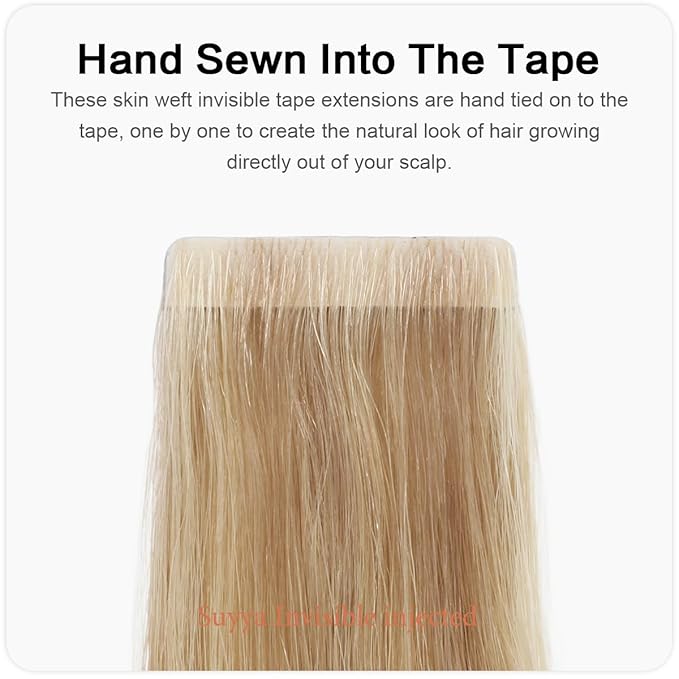 SUYYA Invisible Tape in Hair Extensions Human Hair Seamless Injected Hand-Tied Pro Quality Virgin Human Hair Tape Ins Ash Blonde Highlighted Bleach Blonde 20PCS 50G/Pack Straight(18 inch #P18/613)