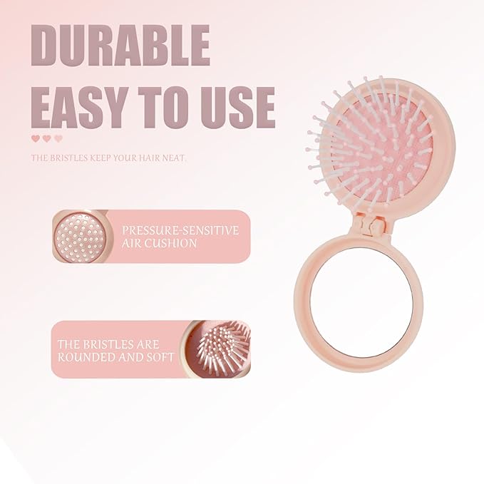 Folding Hair Brush with Compact Mirror, 2-in-1 Mini Hairbrush for Travel - Foldable Portable Pocket-Sized, Detangling Brush with Soft Nylon Bristles for Purse, Backpack, Women & Girls on The Go