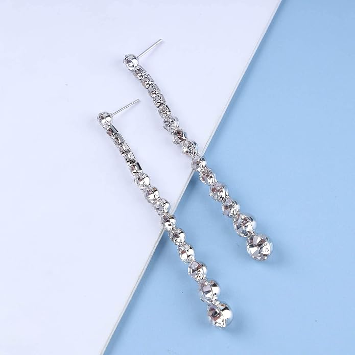 Vintage Rhinestone Chain Drop Earrings Silver Linear Crystal Earrings Sparkle Cz Tassel Earrings Long Cz Chain Stud Earrings Jewelry for Women and Girls