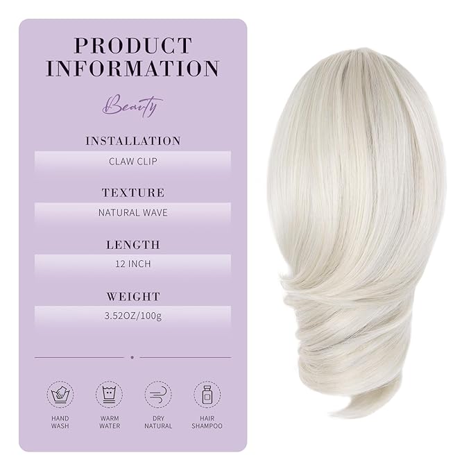 Claw Clip Ponytail Extension - 12 Inch Curly Ponytail Extension, Wavy Pony Tails Hair Extensions, Synthetic Hair Extensions Ponytail, Clip On Ponytails for Women (Color: Platinum Blonde)