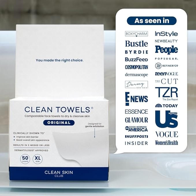 Clean Skin Club Clean Towels XL™, 100% USDA Biobased Dermatologist Approved Face Towel, Disposable Clinically Tested Face Towelette, Facial Washcloth, Makeup Remover Dry Wipes, 300 ct, 6 pack