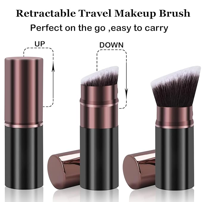 Retractable Makeup Brush, Travel Kabuki Powder Makeup Brush 2 Pack, Foundation Face Blush Brushes for Blending Liquid, Blush, Bronzer, Buffing, Sunscreen,Flawless Cosmetics