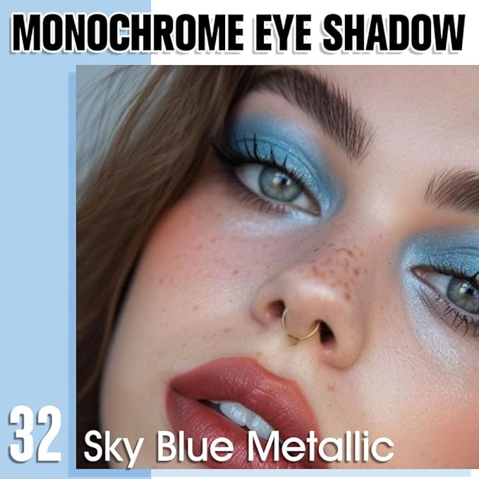 Sky Blue Single Metallic Shimmer Eyeshadow Makeup, Neutral Powde Eye Shadow for Women, Sky Blue Metallic Glitter Singles Eyeshadow Palette Pigmented Waterproof, Girls Monochrome Eyeshadows Gift