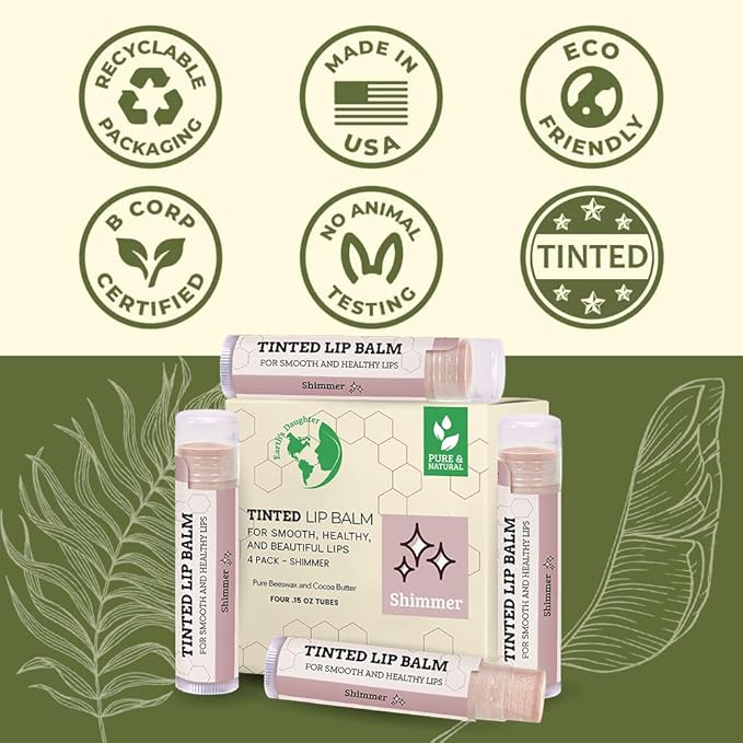 Tinted Lip Balm by Earth’s Daughter – 4 Pack of Shimmer Tint – Beeswax, Coconut Oil, Cocoa Butter, Vitamin E – Moisturize and Beautify – Paraben Free