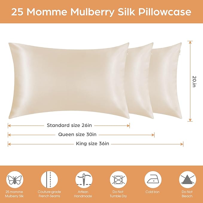 Silk Pillowcase for Hair and Skin, 2 Pack 100% Mulberry Silk Pillowcase 25 Momme, 600 Thread Count, Both Side Pure Silk Pillow Cover with Hidden Zipper (Beige, King 20''×36'')
