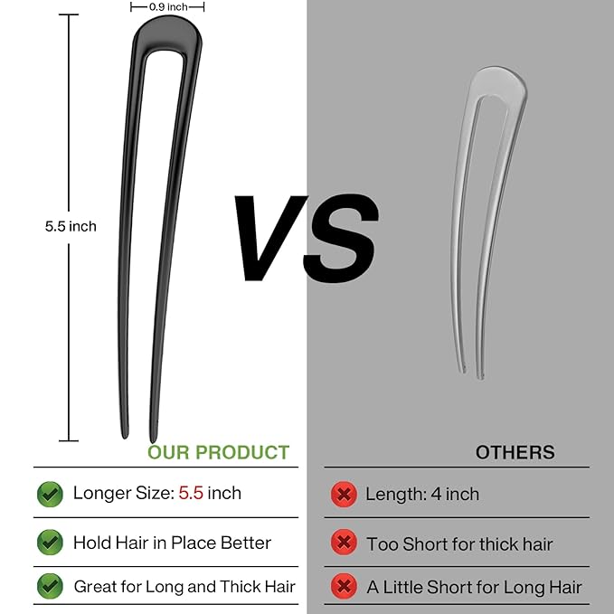 French Hair Pins Metal Hair Forks U Shaped Long Chignon 2 Prong Sticks for Women Hair Accessories (Black, Gold, Silver) 3Pcs
