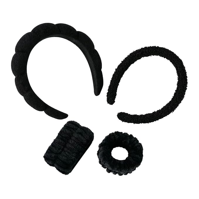 2Pcs Spa Headband for Washing Face & 1 Pairs Wristband Set Sponge Makeup Skincare Headband &Terry Cloth Bubble Soft Hairband for Women Girl Puffy Padded Headwear Non Slip Thick Hair Accessory (black)