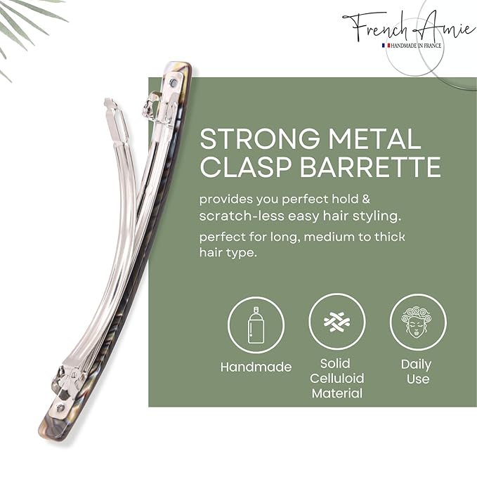 French Amie Long and Thin Large 4" Celluloid Automatic Handmade Hair Clip for Girls Strong Hold No Slip Grip Hair Claw Clips for Women, Made in France (Onyx)