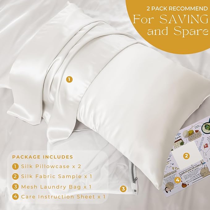 PROMEED 100% Mulberry Silk Pillowcases 2 Pack King Size, 23 Momme 6A+ Grade Natural Silk Pillow Cases Set of 2, Pure Silk Anti Acne Pillowcase (King 20"x36", White)