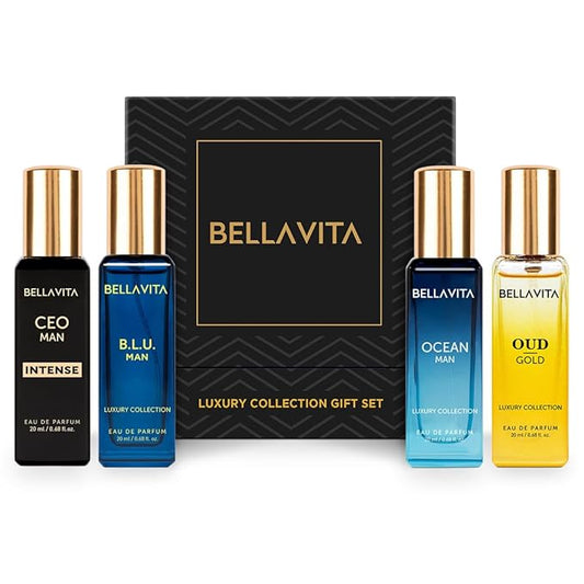 BellaVita Luxury Collection Eau De Parfum Gift Set (4x20ml) | Premium Unisex Perfume Set | Notes of Aqua, Musk, Amber and Bergamot | Includes OUD GOLD, OCEAN, B.L.U. & CEO Intense | Perfume Gift