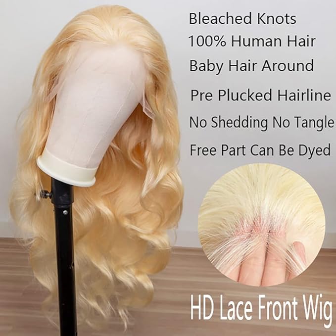 613 Blonde Human Hair Wigs 13X6 HD Transparent Lace Front Body Wave Wigs with Baby Hair for Black Women Pre Plucked Brazilian Virgin Hair Wig 180% Density 16 Inch