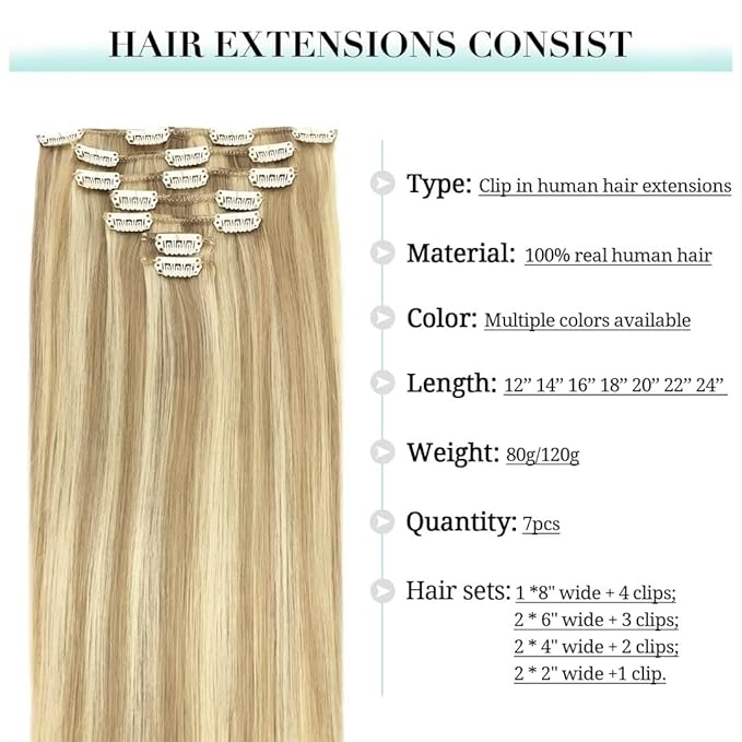DOORES Clip-in Hair Extensions - Real Human Hair, Dark Blonde Highlighted Bleach Blonde 80g, 12 Inch, 7pcs Straight Natural Clip-ins