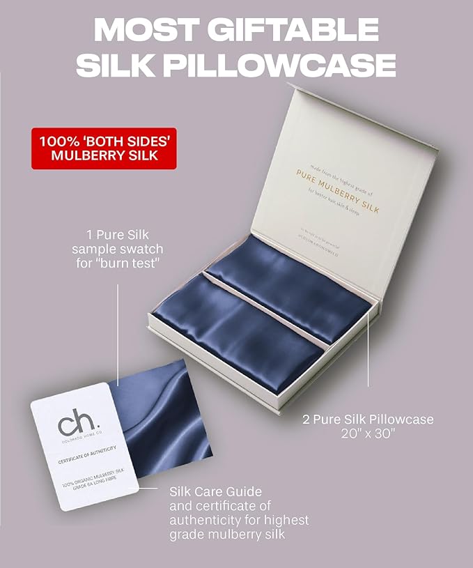 SUNDAYSILKS™ | Silk Pillow Cases 2 Pack | 22 Momme Mulberry Silk Pillowcase Set of 2 | All Sides 100% Pure Silk Slip Pillowcases Bliss for Couples, Zipper | Standard Queen, King Size, 6A [Navy Blue]
