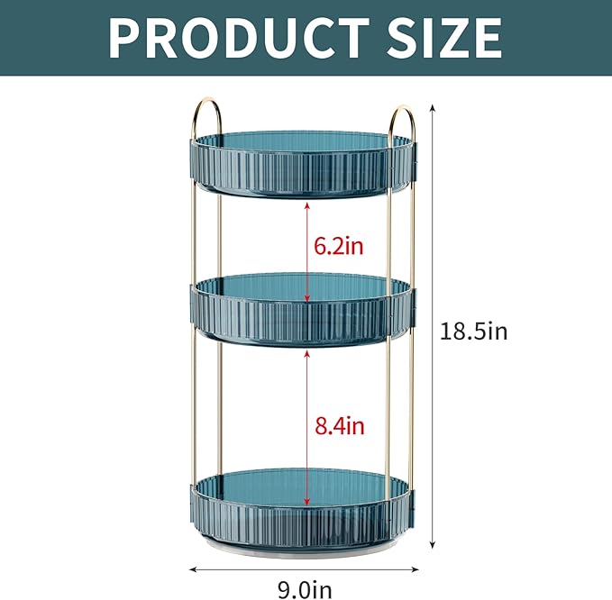 360° Rotating Makeup Organizer, Bathroom Organizers and Storage Holder Rack, Large Capacity Vanity Shelf Countertop, Fits Cosmetics, Perfume, Skin Care(Blue, 3 Tiers)