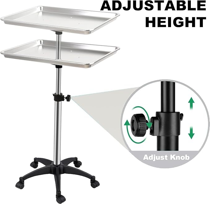 Salon Rolling Tray, Height Adjustable Tattoo Tray Rolling Cart, Storage Utility Trolley for Spa, Beauty Salon Service, Hairdresser Cart with Wheels, Black (Silver)