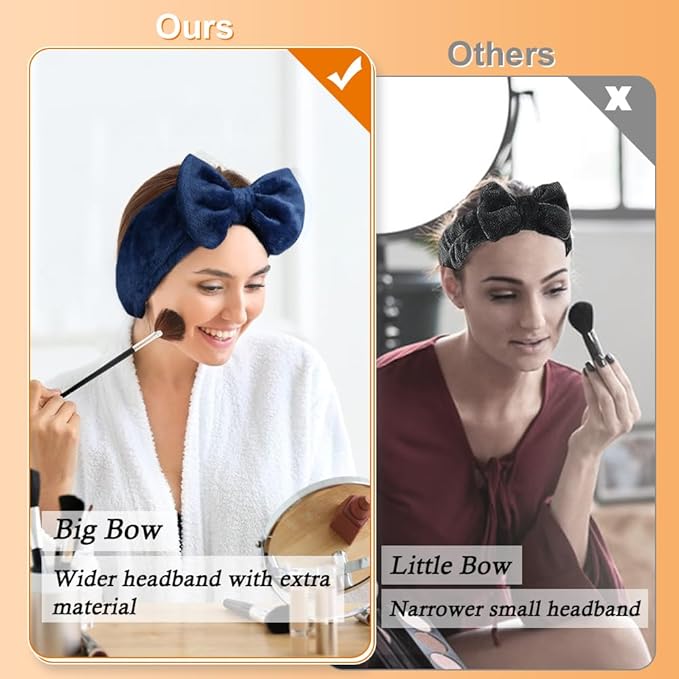 Shintop Face Wash Headband, Soft Spa Headband Carol Fleece Makeup Headwear with Cute Bow Elastic Hairband for Skincare Facial Mask Showers（Navy blue）