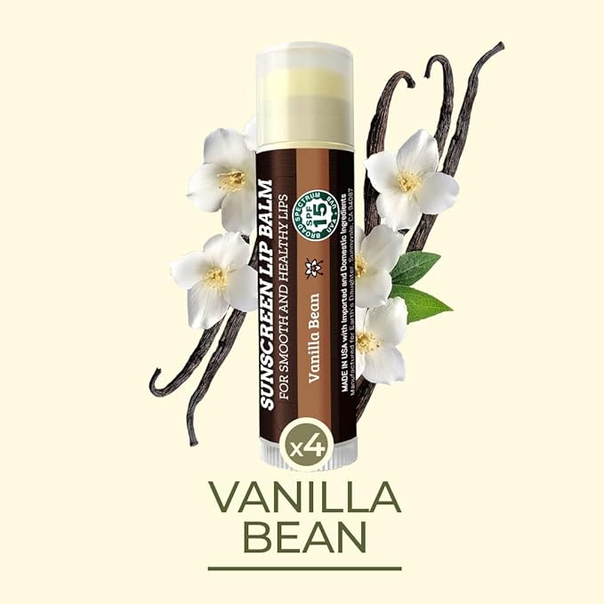 SPF Lip Balm 4-Pack by Earth's Daughter - Lip Sunscreen, SPF 15, Organic Ingredients, Vanilla Flavor, Beeswax, Coconut Oil, Vitamin E - Hypoallergenic, Paraben Free, Gluten Free