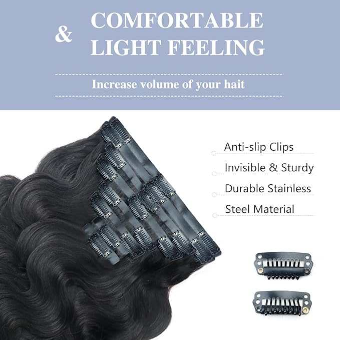 2 Pack 240g Body Wave Seamless Clip in Hair Extensions Real Human Hair 16Pcs Full Head 15A Remy Human Hair Clip ins with PU Skin Weft 18inch Natural Black