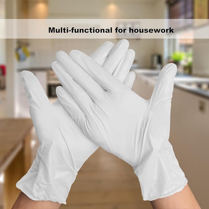 Disposable Gloves Medium, Nitrile and Vinyl Blend Material Gloves, Latex Free, 4 Mil 100 Pc Food Grade Glove for Cleaning, Food Prep, Hair Dye, Tattoo, White